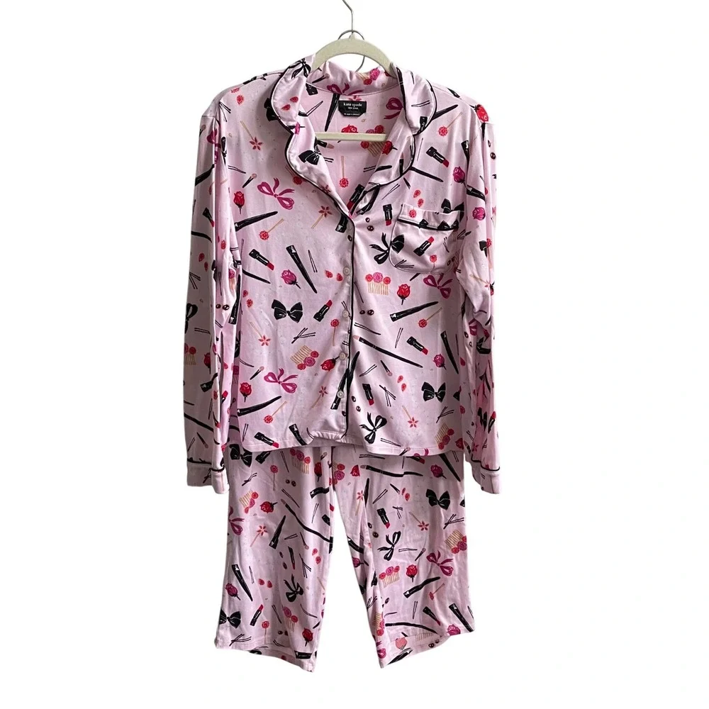 Kate Spade Pajama Set Womens Medium Pink Beauty Print Bows Lipstick Long Sleeve